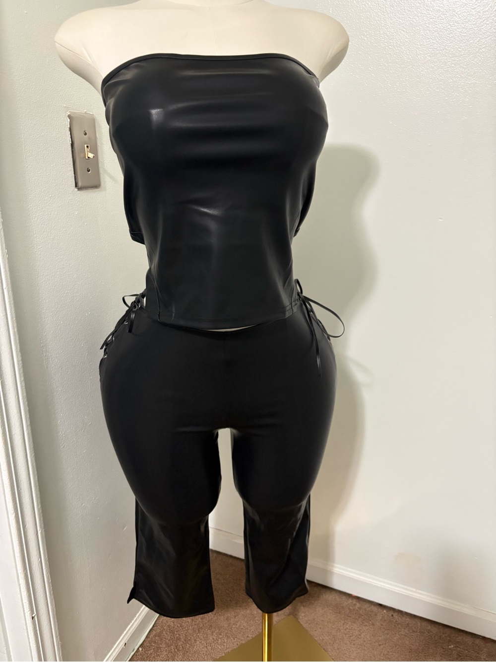 Fashion Nova Black Faux-Leather Strapless Top & Cropped Pants Set NWT